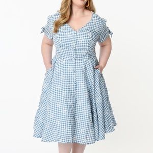 Unique Vintage Magnolia Place 1950s Blue Gingham Eyelet Eleanor Swing Dress #021